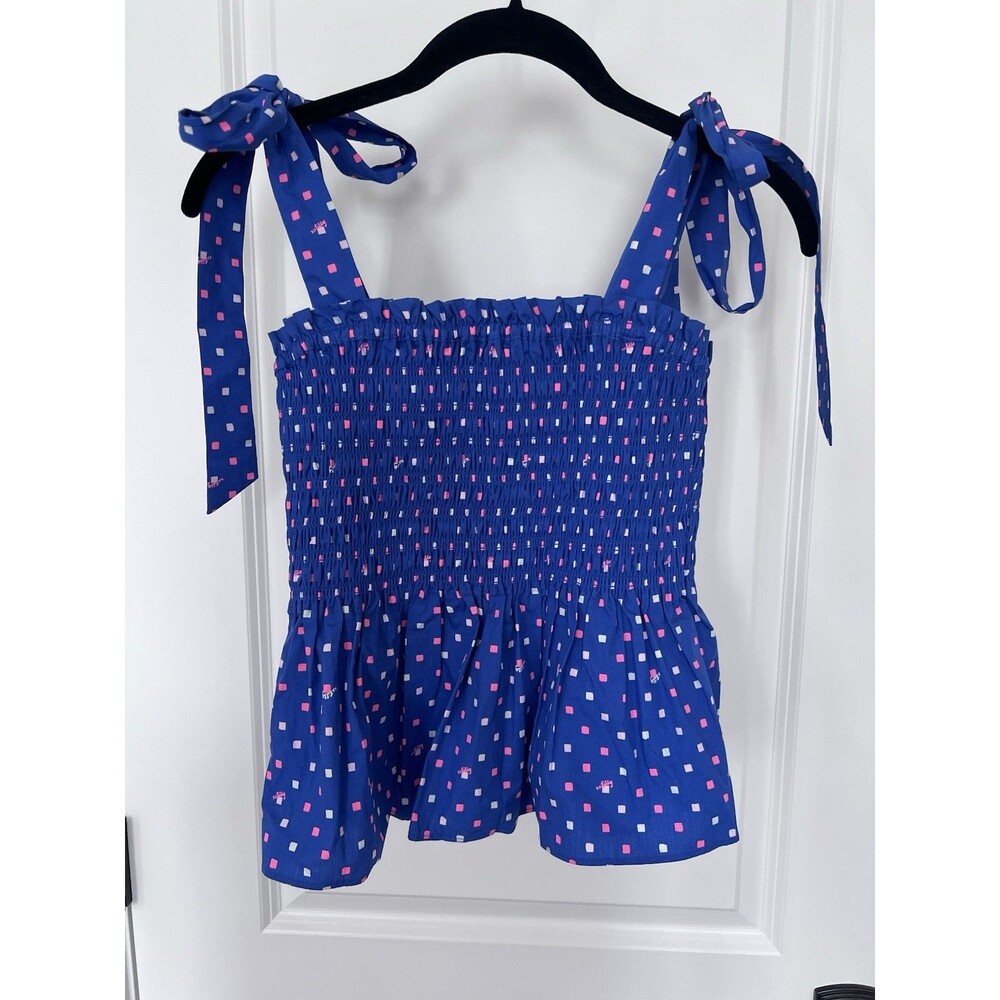 Lilly Pulitzer Blue & Pink Smocked Sleeveless Blouse Tie Straps Size Small EUC
